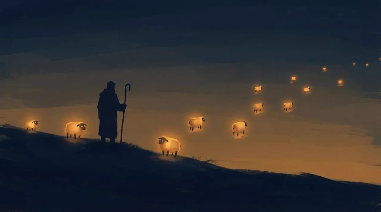 Herding bots — a shepherd watching glowing robot sheep drift in different directions